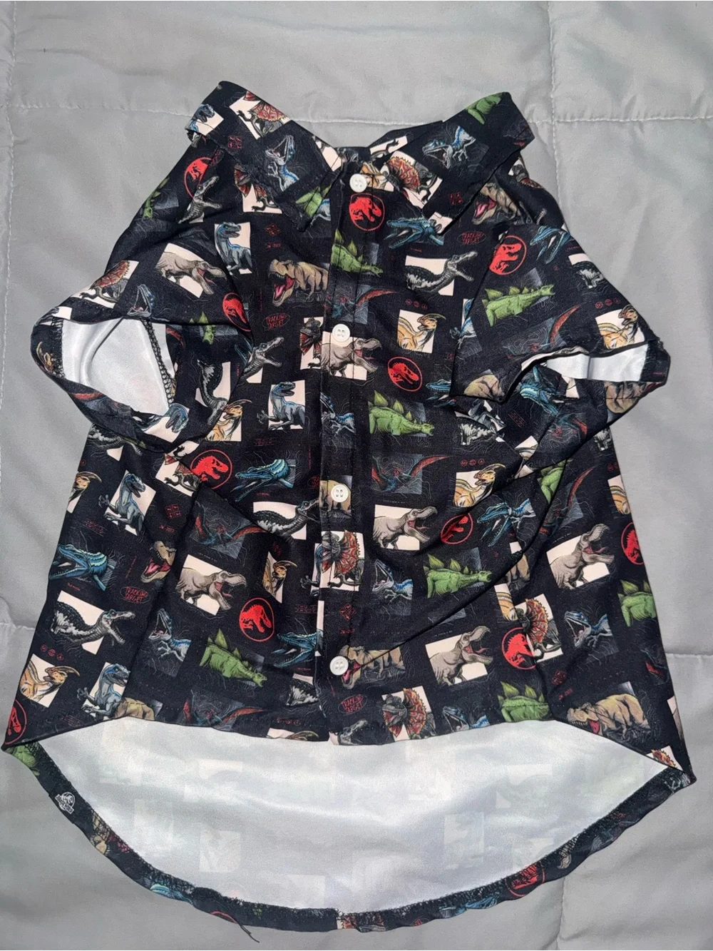 Universal Black Jurassic Dinosaur Print Dog Shirt with Red and Green Accents